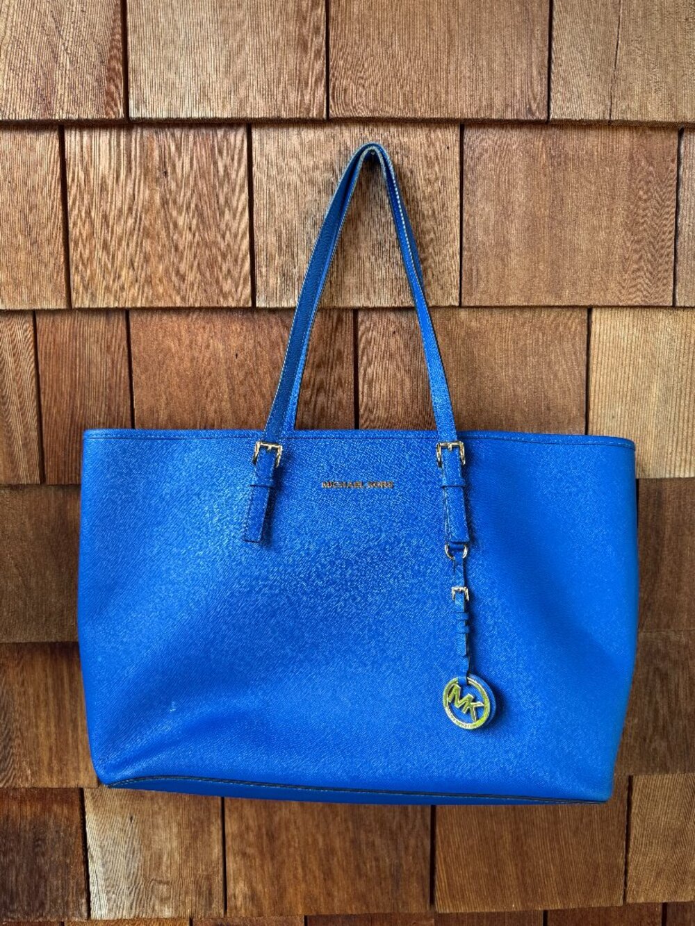 Michael Kors Jet Set Travel Large Top Zip Leather Royal Blue Tote Bag w/Charm